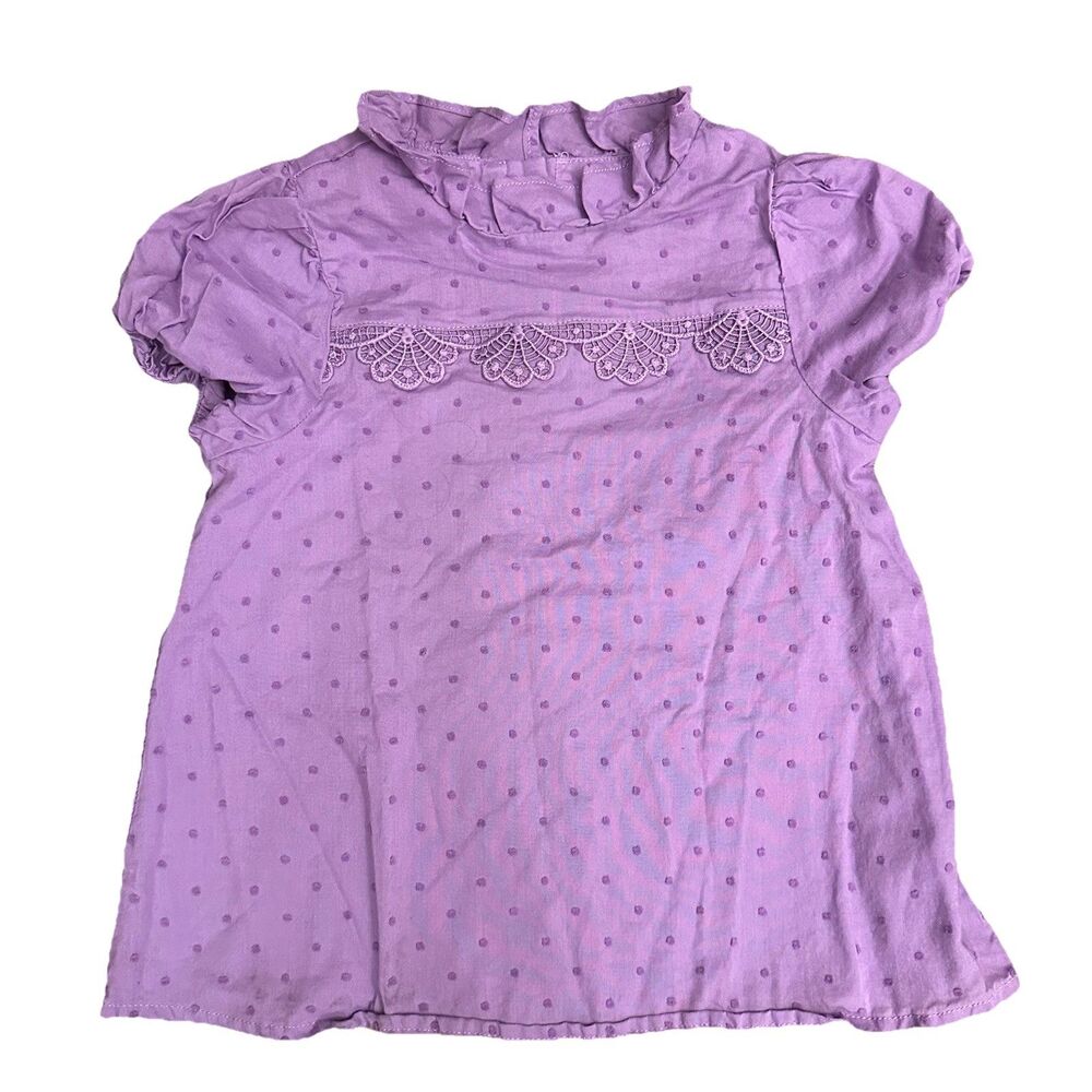 Janie and Jack Girl Swiss Dot Puff Sleeve Top Purple Pegasus Size 5 Ruffles Lace